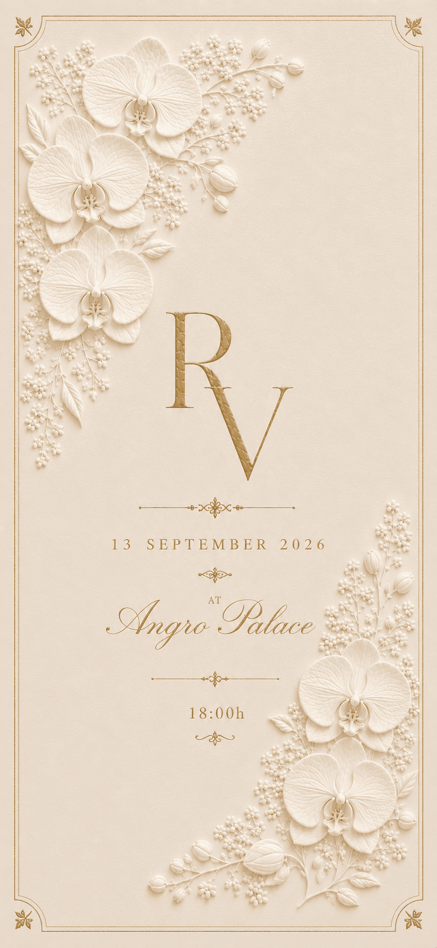 Wedding invitation for R and V on 13 September 2026 at Angro Palace, decorated with white orchids and gold details.